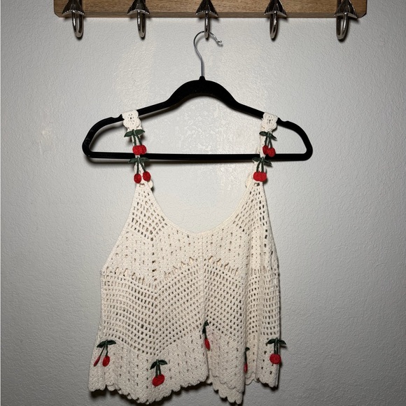 Rebellion Tops - Rebellion Cream Crochet Camisole with Red Cherry Accents